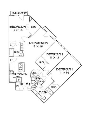 Elegant floor plan showcasing 3 bedrooms, open living/dining area, stylish kitchen, and private balcony.