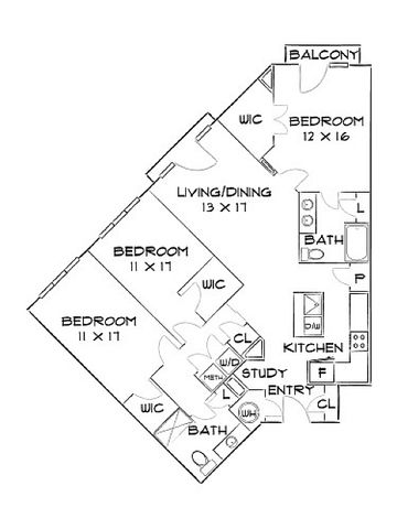 Inviting floor plan showcasing 3 spacious bedrooms, large living/dining area, modern kitchen, study nook, and a private balcony.