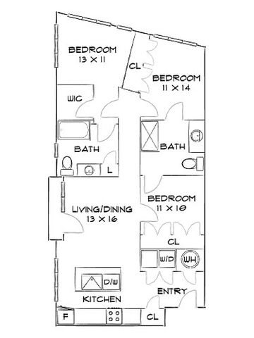 Contemporary floor plan showcasing 3 bedrooms, dual bathrooms, and an elegant open living/dining area connected to a modern kitchen.