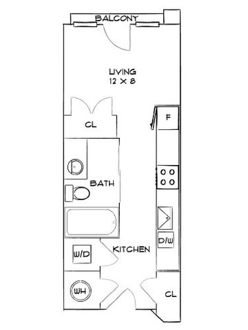 Efficient floor plan showcasing a compact living area with balcony access, a modern kitchen, 1 bedroom with ample closet space, and a full bath.