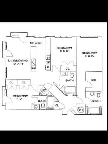 Elegant floor plan showcasing a well-appointed kitchen, open living/dining area, three spacious bedrooms, and two modern bathrooms.