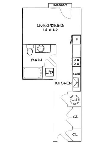 Modern floor plan showcasing a 1-bedroom apartment with an open living/dining area, efficient kitchen, and private balcony, featuring space-saving amenities.