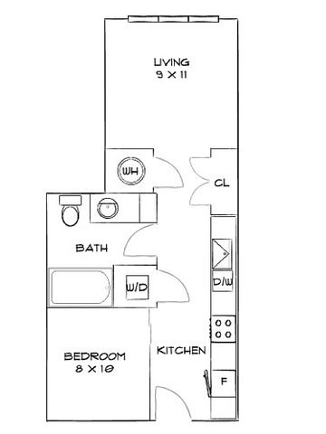 Modern floor plan with 1 bedroom, 1 bath, open living area, and efficient kitchen layout.