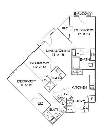 Modern floor plan showcasing 3 bedrooms, an integrated living and dining area, and a sleek kitchen with entry access. Includes balcony, walk-in closets, and multiple bathrooms for ultimate comfort.