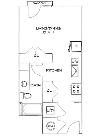 Modern floor plan featuring a compact kitchen, open living/dining area extending to a balcony, and a streamlined bathroom layout.