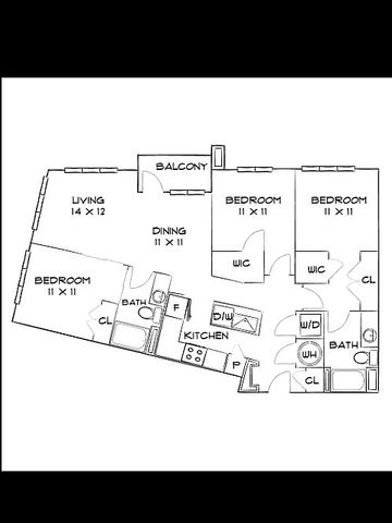 Modern apartment floor plan showcasing 3 spacious bedrooms, an open living and dining area, and a sleek kitchen with ample storage.