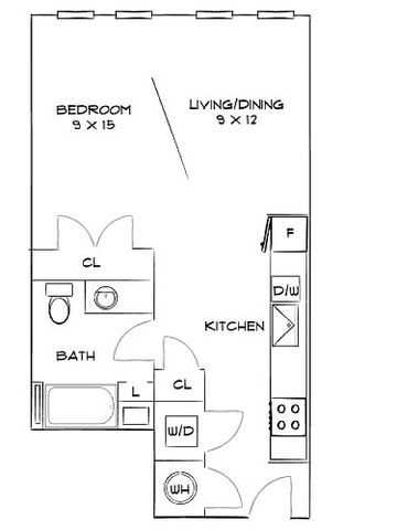Efficient floor plan featuring 1 bedroom, cozy living/dining area, and a modern kitchen with appliances.