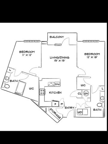 Chic floor plan showcasing 2 spacious bedrooms, contemporary kitchen, and open-concept living and dining area with balcony access.