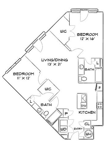Modern 2D floor plan featuring 2 spacious bedrooms, open living/dining area, stylish kitchen, 2 baths, and a private balcony.
