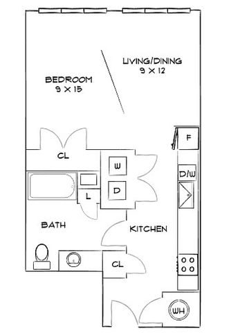 Efficient apartment floor plan featuring 1 bedroom, 1 bath, a combined living and dining area, and a compact kitchen.