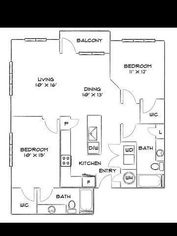 Elegant floor plan featuring 2 spacious bedrooms, an open-layout living and dining area, and a modern kitchen with balcony access.