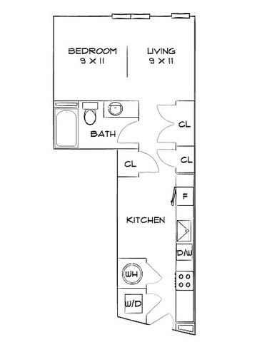Compact floor plan showcasing 1 bedroom and a separate living area with a well-designed kitchen and bath, featuring ample storage with closets throughout.