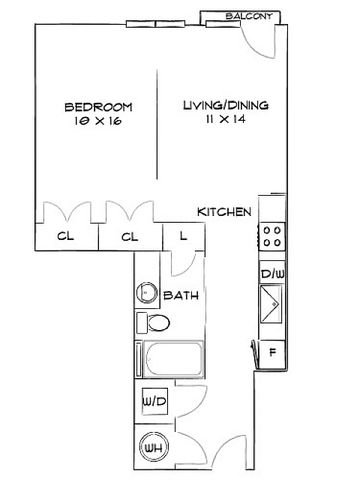Modern 1-bedroom floor plan with spacious living/dining area, convenient kitchen, and private balcony.