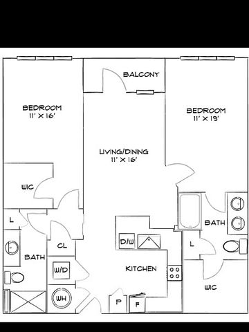 Modern 2-bedroom floor plan featuring a spacious living and dining area, stylish kitchen, and a scenic balcony.