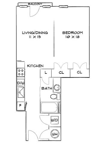 Charming 1-bedroom floor plan featuring a combined living and dining area, cozy kitchen, and private balcony access.