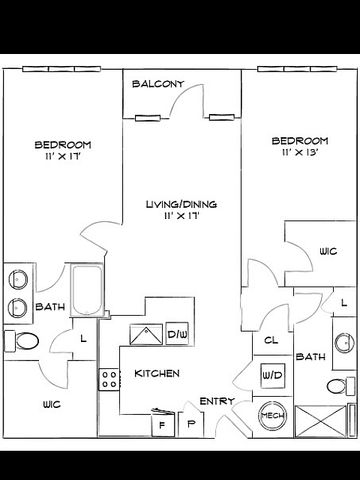 Elegant floor plan featuring two spacious bedrooms, an open living and dining area, a modern kitchen, two bathrooms, and a cozy balcony.