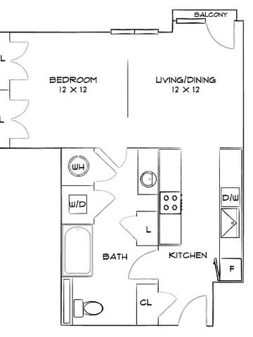 Modern floor plan with a spacious 1-bedroom, open living and dining area, cozy kitchen, and convenient balcony access.