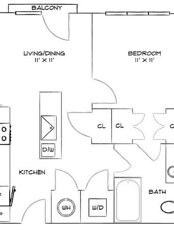 Modern floor plan showcasing a one-bedroom apartment with a spacious living/dining area, kitchen with appliances, and private balcony.