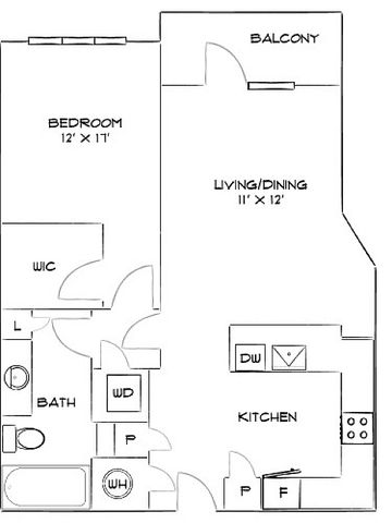 Modern floor plan boasting 1 spacious bedroom, open living/dining area, and a stylish kitchen with balcony access.