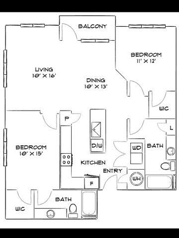Modern apartment floor plan showcasing 2 bedrooms, expansive living and dining areas, a well-equipped kitchen, and a private balcony.