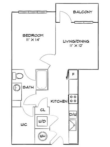 Modern 1-bedroom floor plan featuring a spacious living/dining area, kitchen, and balcony for a comfortable urban lifestyle.