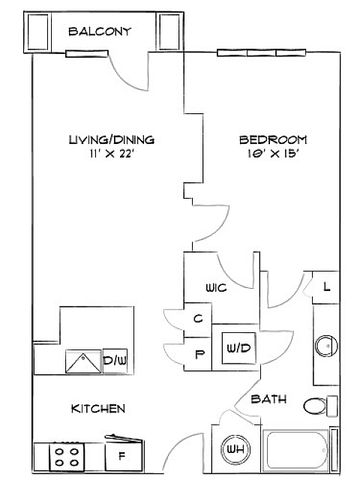Efficient floor plan featuring a spacious 1-bedroom with a 10&rsquo; x 15&rsquo; layout, a large 11&rsquo; x 22&rsquo; living/dining area, modern kitchen, bathroom, and private balcony.