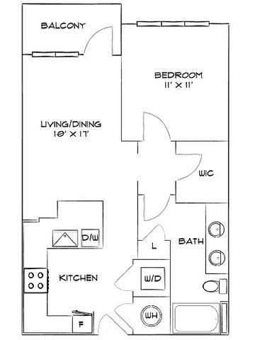 Modern 1-bedroom floor plan with an expansive living/dining area, well-equipped kitchen, and private balcony.