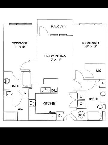 Modern floor plan with 2 bedrooms, open living/dining area, and private balcony. Includes kitchen, 2 bathrooms, and walk-in closets.