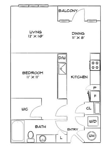 Modern floor plan featuring 1 bedroom, open living and dining area with access to balcony, and a well-equipped kitchen. Includes spacious bathroom and convenient walk-in closet.