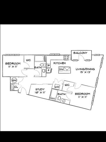 Chic apartment floor plan with 2 bedrooms, a study, open kitchen, and spacious living/dining area leading to a balcony.