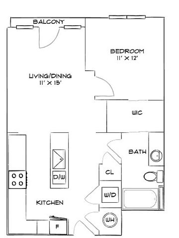 Modern floor plan with 1 bedroom, open living and dining area, sleek kitchen, and private balcony.