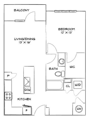 Charming floor plan with a spacious bedroom, open-concept living and dining area, modern kitchen, private balcony, and convenient in-unit laundry.