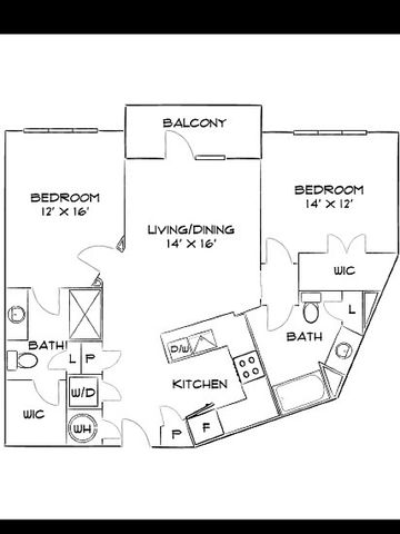 Elegant floor plan highlighting 2 spacious bedrooms, open living/dining area, modern kitchen, and a private balcony.