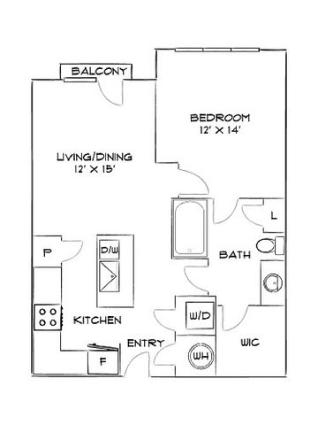 Modern floor plan showcasing a spacious 1-bedroom apartment with a combined living and dining area, contemporary kitchen, and private balcony.
