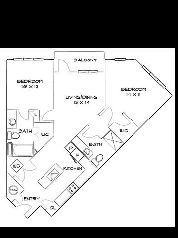 Modern floor plan with 2 bedrooms, open living/dining area, sleek kitchen, and private balcony.