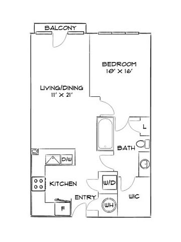 Modern 1-bedroom floor plan featuring a spacious living/dining area, efficient kitchen, and private balcony.