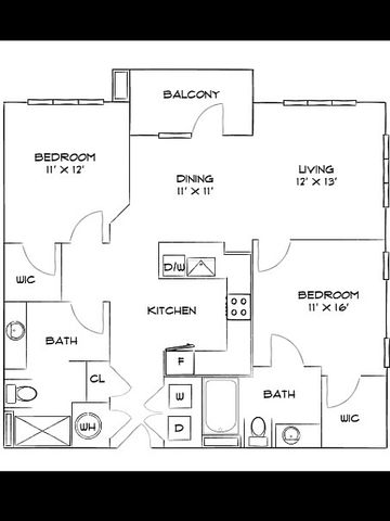 Inviting floor plan featuring 2 spacious bedrooms, an open kitchen, sleek dining area, cozy living room, and a charming balcony.