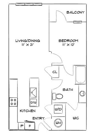 Charming floor plan with a single bedroom, open living and dining area, modern kitchen, and a restful balcony.
