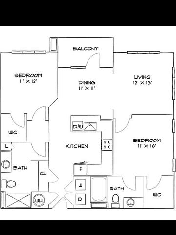 Modern floor plan featuring 2 bedrooms, 2 baths, a spacious living area, open kitchen, and a private balcony.