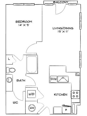 Charming 1-bedroom apartment floor plan featuring a cozy balcony, spacious living/dining area, modern kitchen, and convenient walk-in closet.