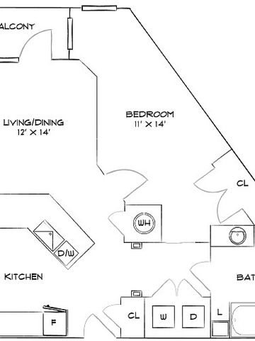 Contemporary floor plan featuring 1 bedroom, an open living and dining area, modern kitchen, and a private balcony.