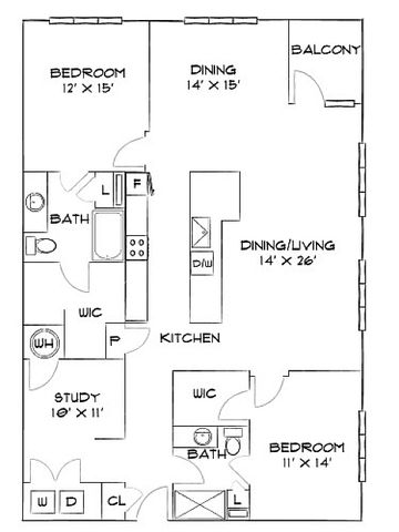 Charming floor plan showcasing a spacious two-bedroom apartment with a study, open-concept dining and living area, modern kitchen, and balcony access.