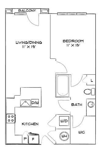Modern floor plan showcasing a spacious 1-bedroom apartment with an open living/dining area, a balcony, and a well-appointed kitchen.