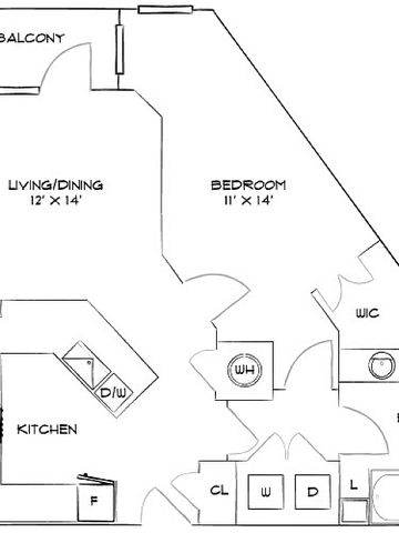 Modern floor plan showcasing 1 bedroom, open-concept living/dining area, stylish kitchen, and private balcony access.