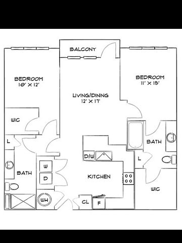 Elegant floor plan design showcasing 2 bedrooms with walk-in closets, a central living/dining area leading to a balcony, modern kitchen, and 2 bathrooms for convenience and comfort.