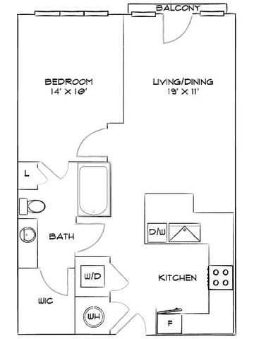 Efficient floor plan showcasing a cozy 1-bedroom apartment with a spacious living/dining area, modern kitchen, and private balcony.
