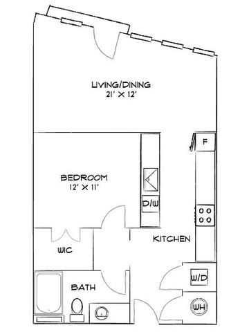 Contemporary floor plan showcasing a spacious living/dining area, cozy 1-bedroom with WIC, modern kitchen, and well-designed bathroom.