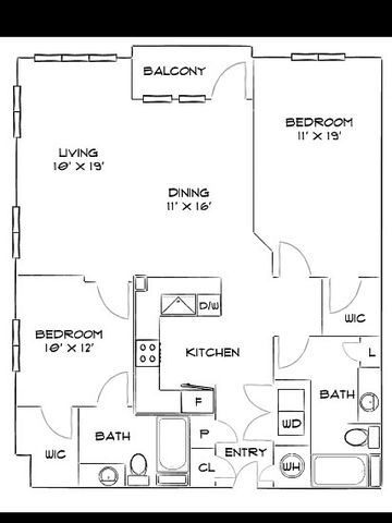 Elegant floor plan showcasing 2 spacious bedrooms, modern kitchen, and open living-dining area with balcony.
