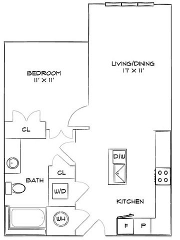 Modern floor plan with 1 bedroom, integrated living and dining area, sleek kitchen, and cozy bathroom.