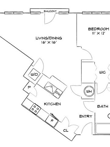 Chic floor plan showcasing a contemporary 1-bedroom apartment with a spacious living/dining area, modern kitchen, and private balcony.